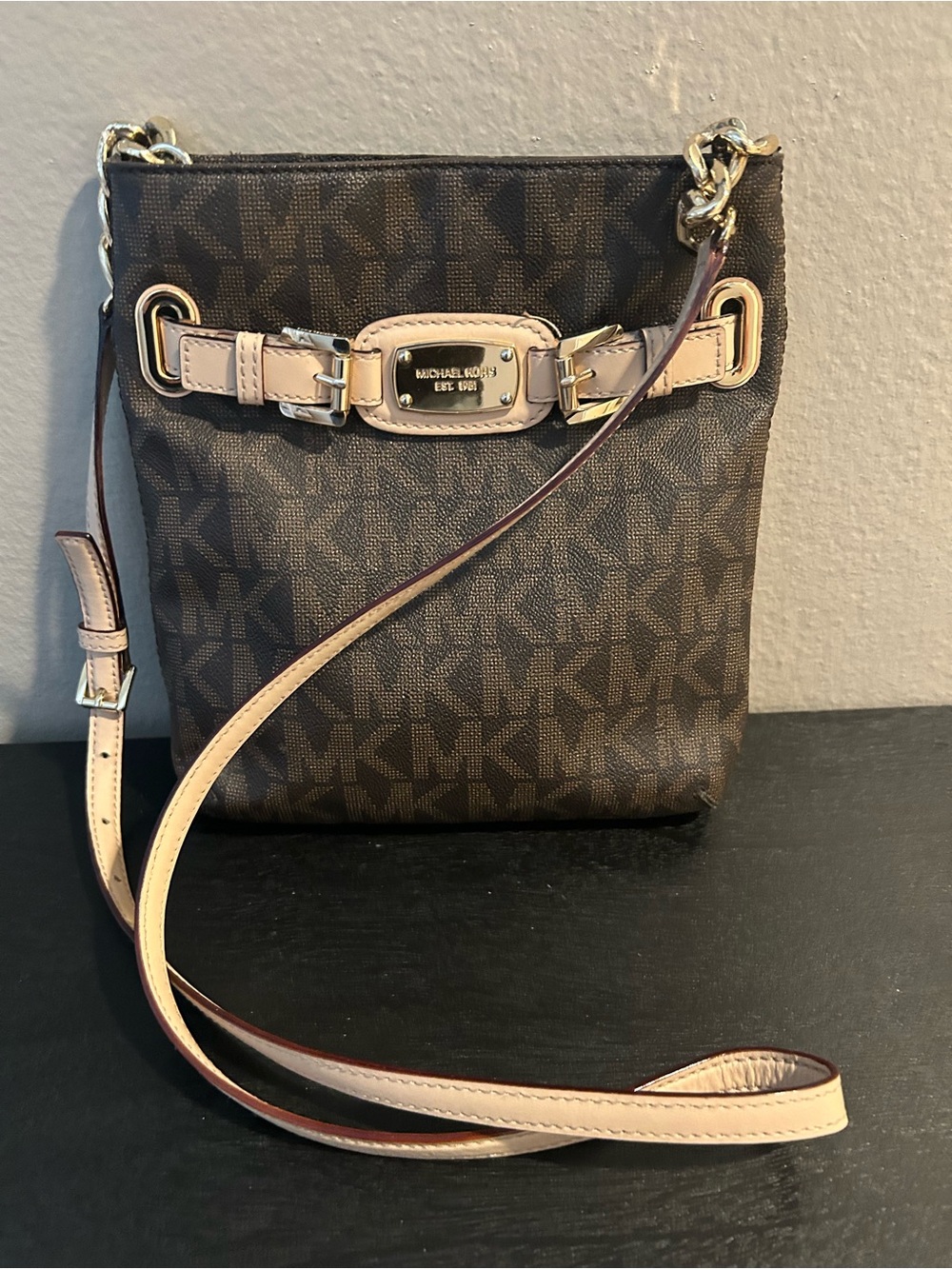 Michael Kors Brown MK Logo Crossbody with Beige Trim